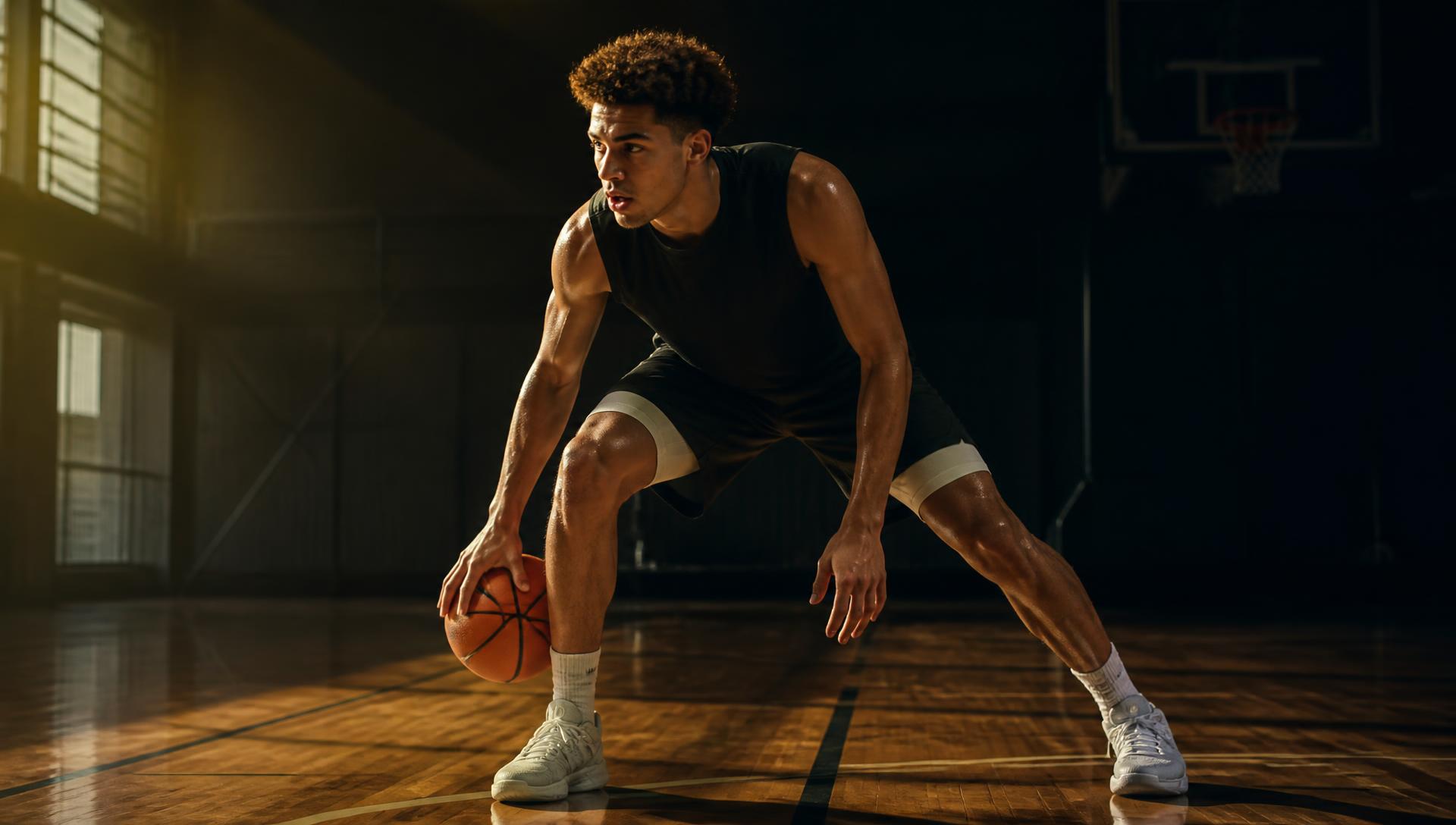 Basketball player training in an indoor hall